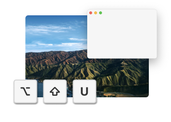 Window floating over a macOS desktop along with three keyboard keys: Option, Shift and the letter 'U'